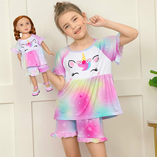Girl & Doll Matching Pajamas Unicorn Outfit Clothes for Girls and 18" Dolls Pajama Sets (Doll Not Included)
