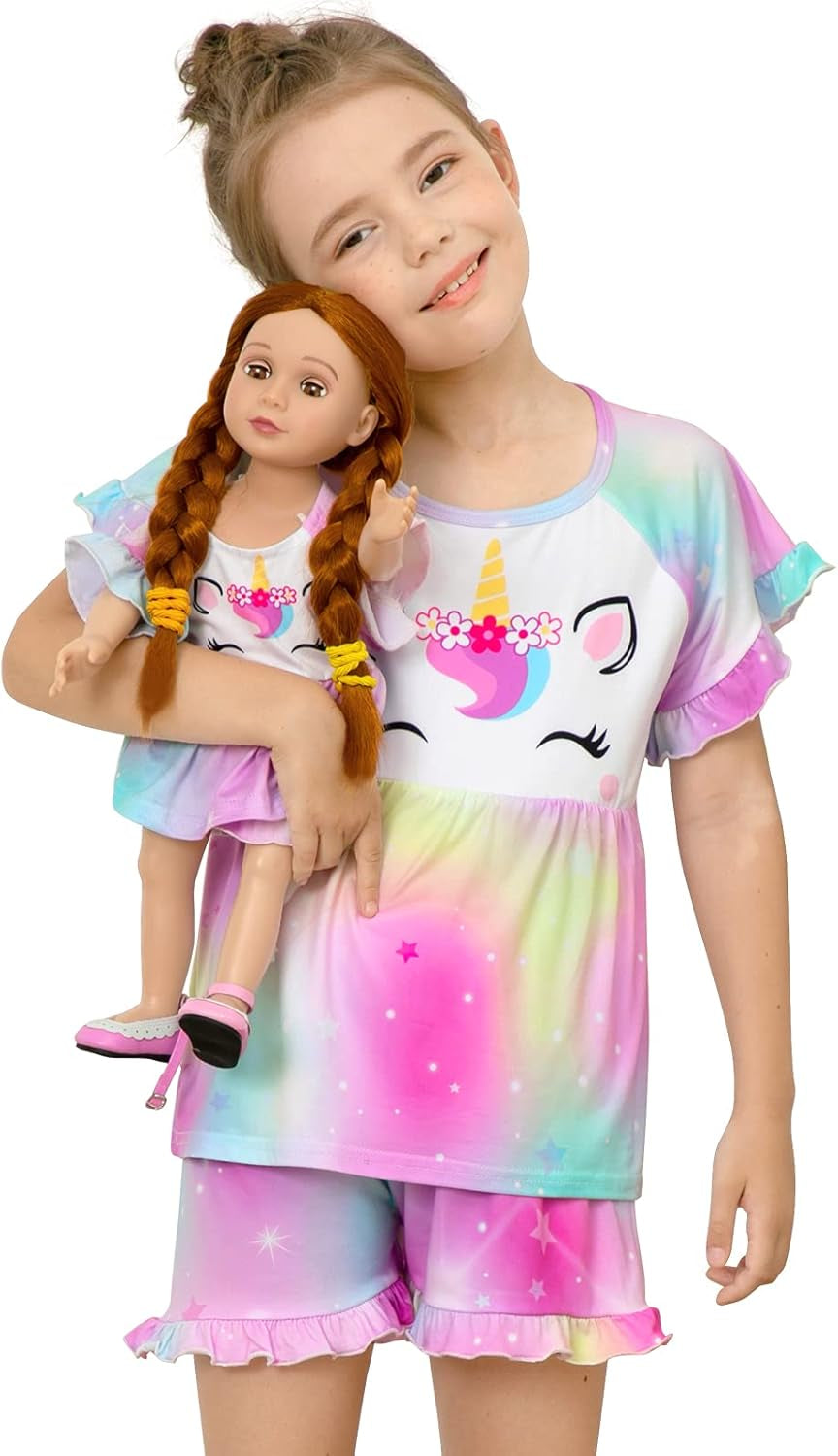 Girl & Doll Matching Pajamas Unicorn Outfit Clothes for Girls and 18" Dolls Pajama Sets (Doll Not Included)
