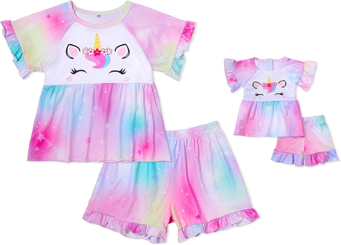 Girl & Doll Matching Pajamas Unicorn Outfit Clothes for Girls and 18" Dolls Pajama Sets (Doll Not Included)