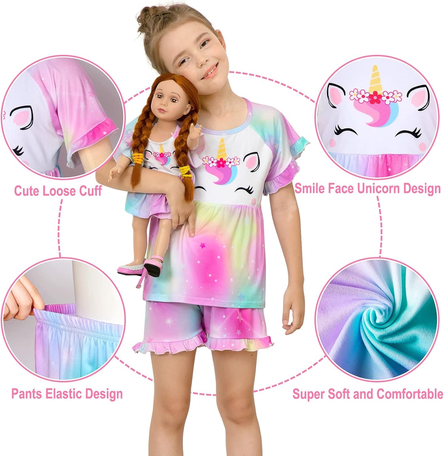 Girl & Doll Matching Pajamas Unicorn Outfit Clothes for Girls and 18" Dolls Pajama Sets (Doll Not Included)